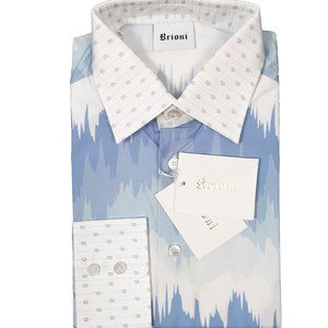 NEW $675 Brioni Fine Cotton Shirt! L  Blue White Mountain Peak Design & B Collar